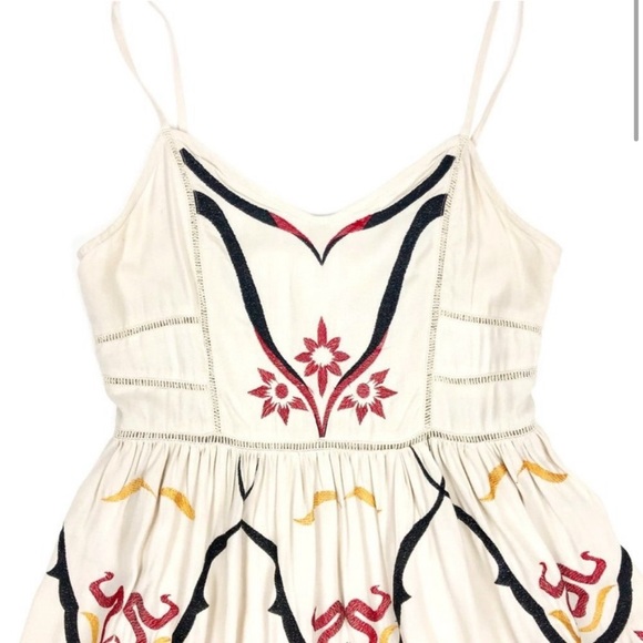 Free People Embroidered Print Spaghetti Strap A-Line Boho Mini Dress. Size 6 - Picture 2 of 8